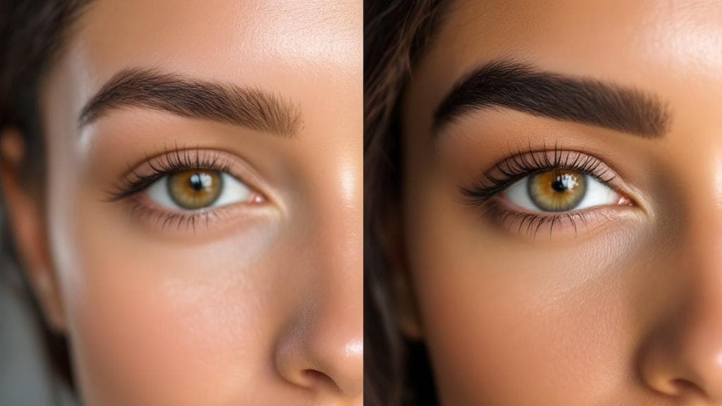 Before and after brow lamination results showing brushed-up full brows at Blade Boutique Fourways