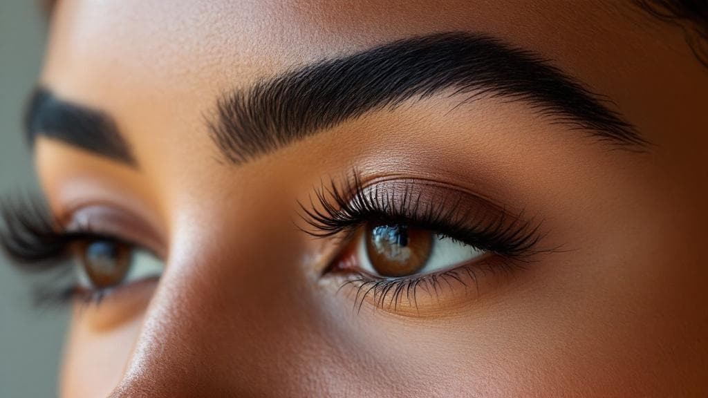 Close-up of healed microblading brows showing fine hair strokes on melanin-rich skin