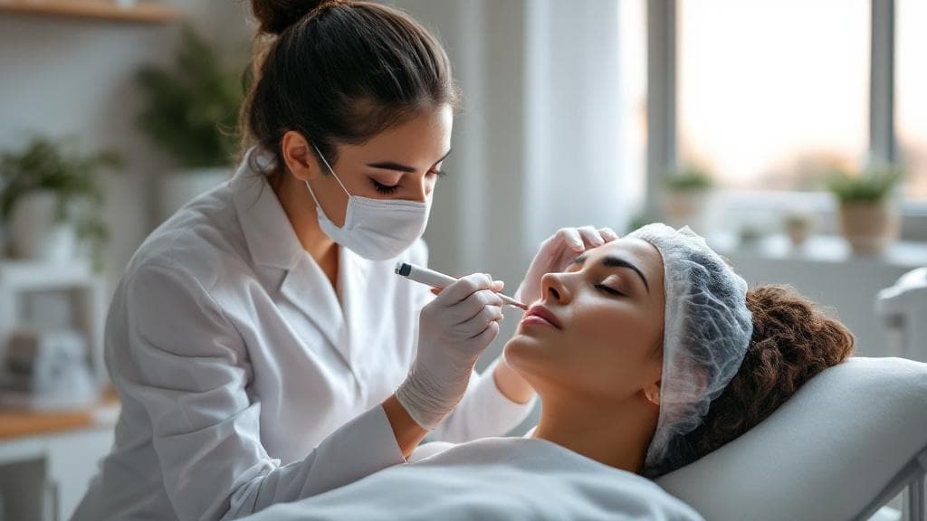 Permanent makeup artist applying brow treatment in a clean, professional studio setting