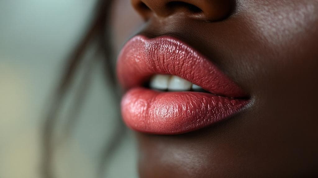 Healed lip blush tattoo result showing soft natural pink colour on South African woman